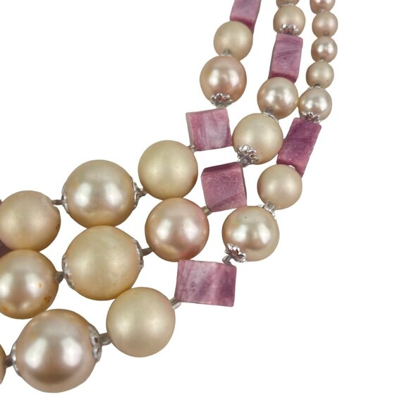 Vintage Three-Strand Pearl & Amethyst Bead Necklace retro 1950s - Picture 7 of 7